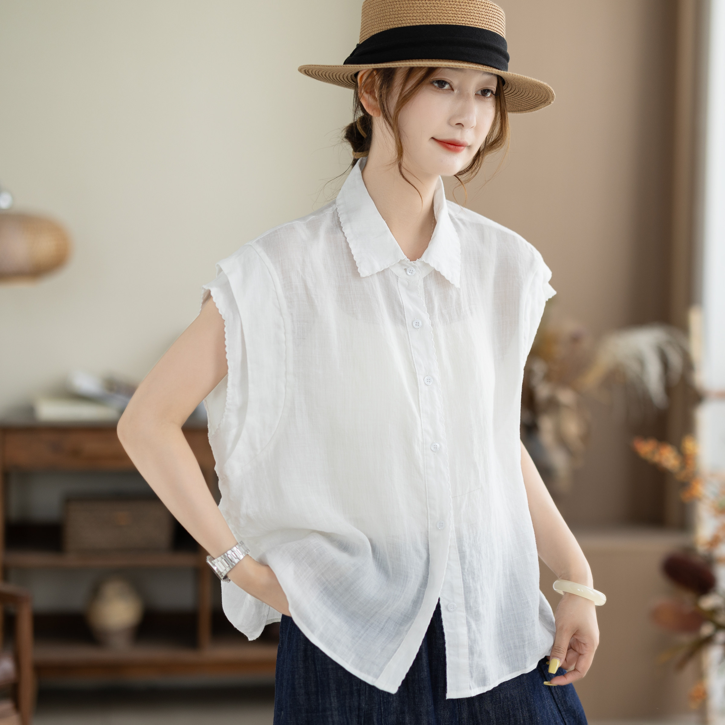 咖咪羽100%苎麻无袖衬衫女夏季新款宽松流行文艺上衣女装短袖衬衣