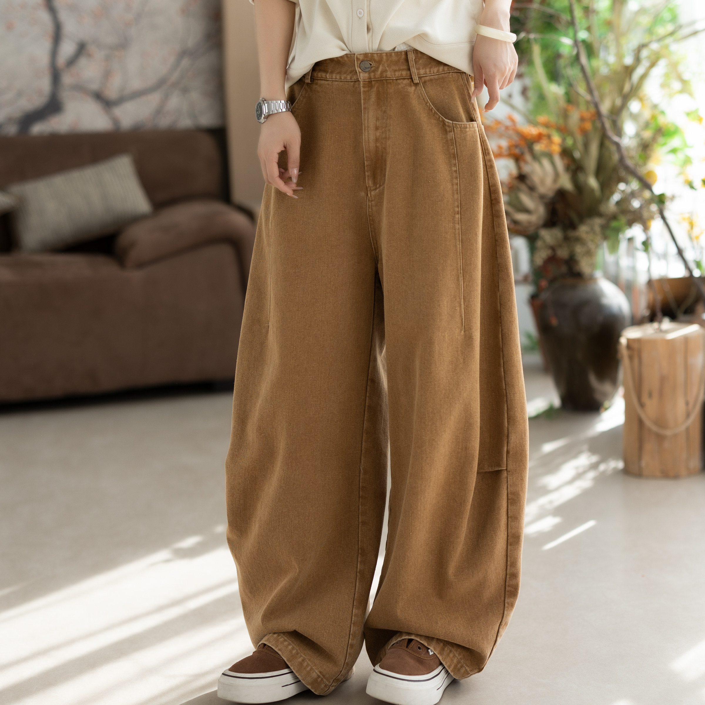 咖咪羽牛仔裤女秋冬新款直筒纯色宽松复古洋气时尚女装宽松裤子女