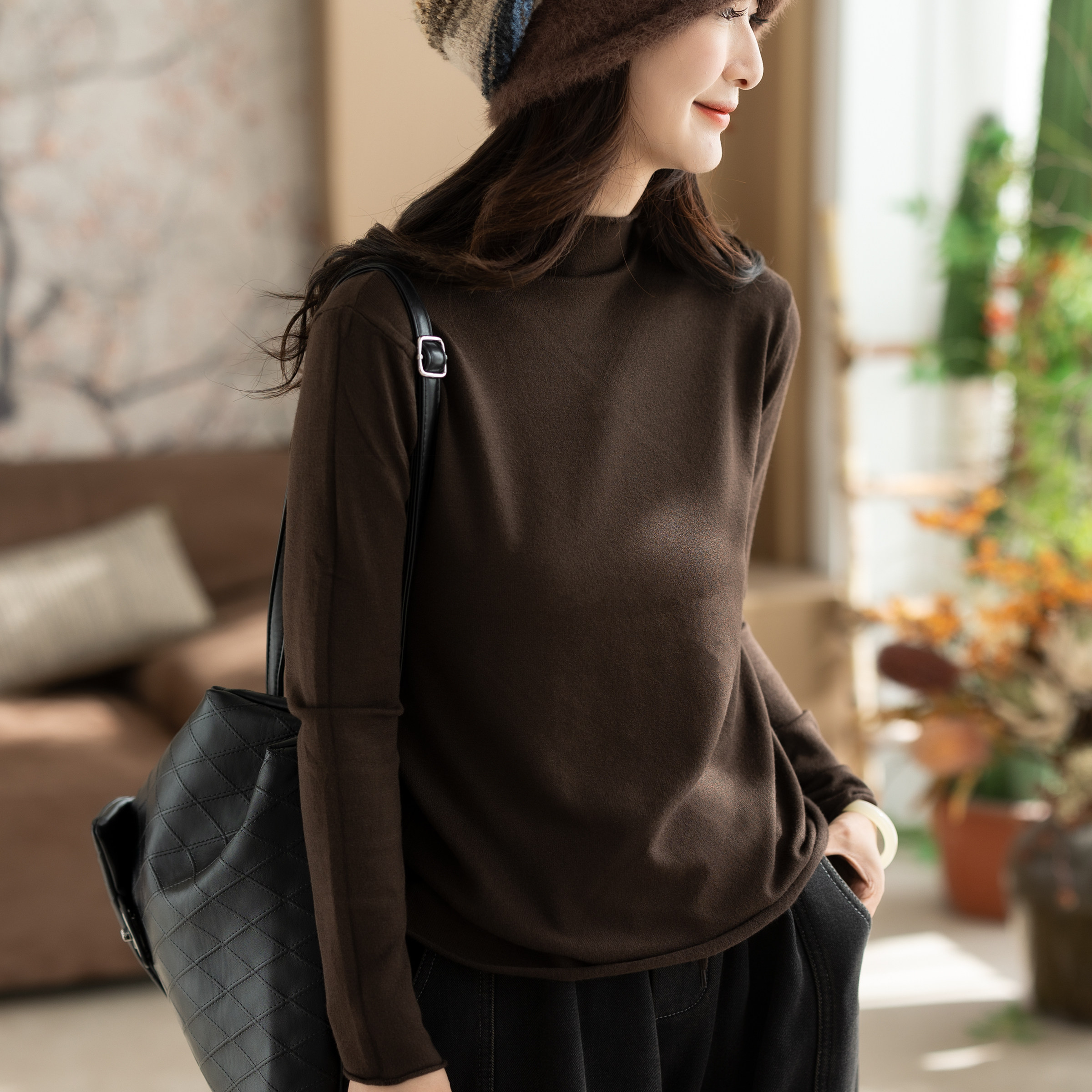 咖咪羽打底衫女秋冬新款女士半高领纯色流行时尚休闲文艺女款上衣