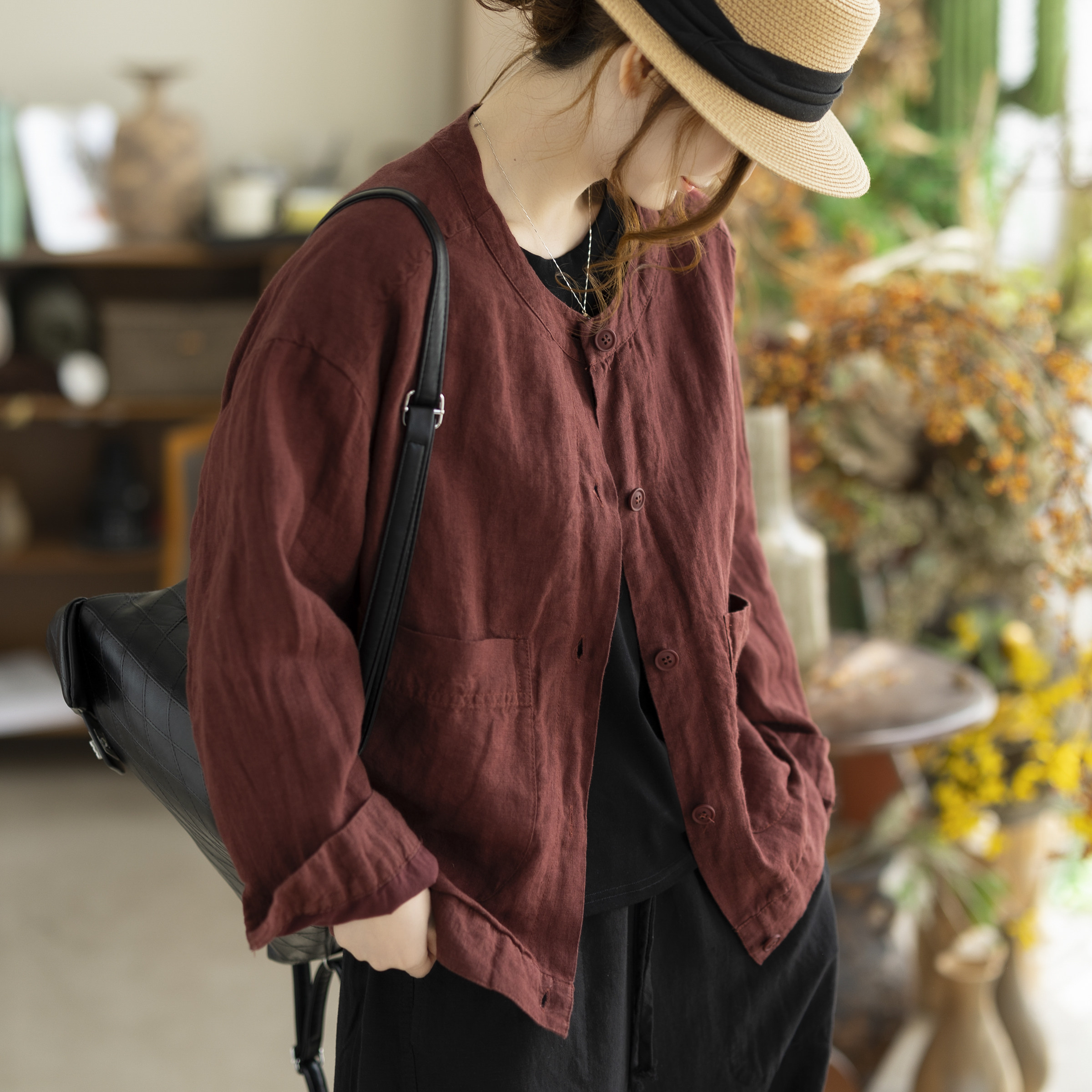 咖咪羽100%亚麻衬衫女春秋新款休闲宽松百搭简约纯色复古女装开衫