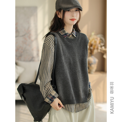 咖咪羽针织马甲女秋装新款个性不规则下摆圆领纯色休闲女装马夹