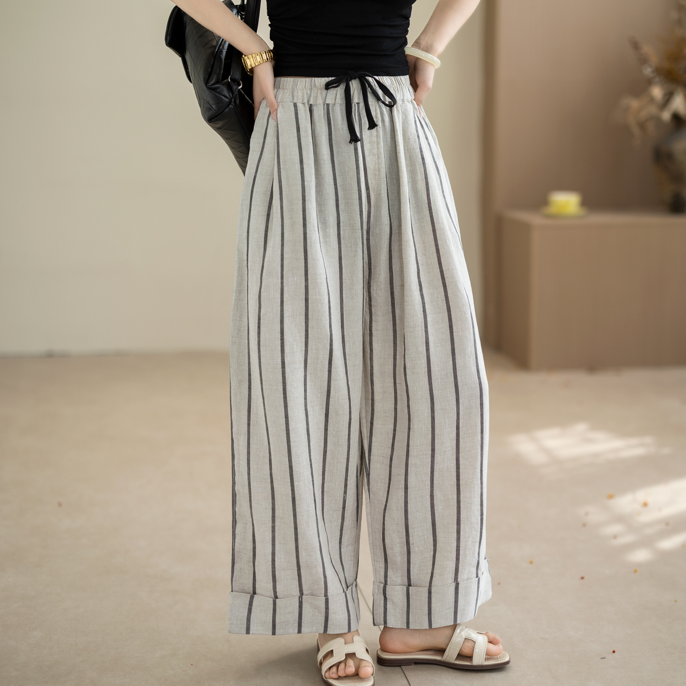 咖咪羽100%汉麻大码条纹阔腿裤女春夏宽松显瘦垂感休闲慵懒风长裤