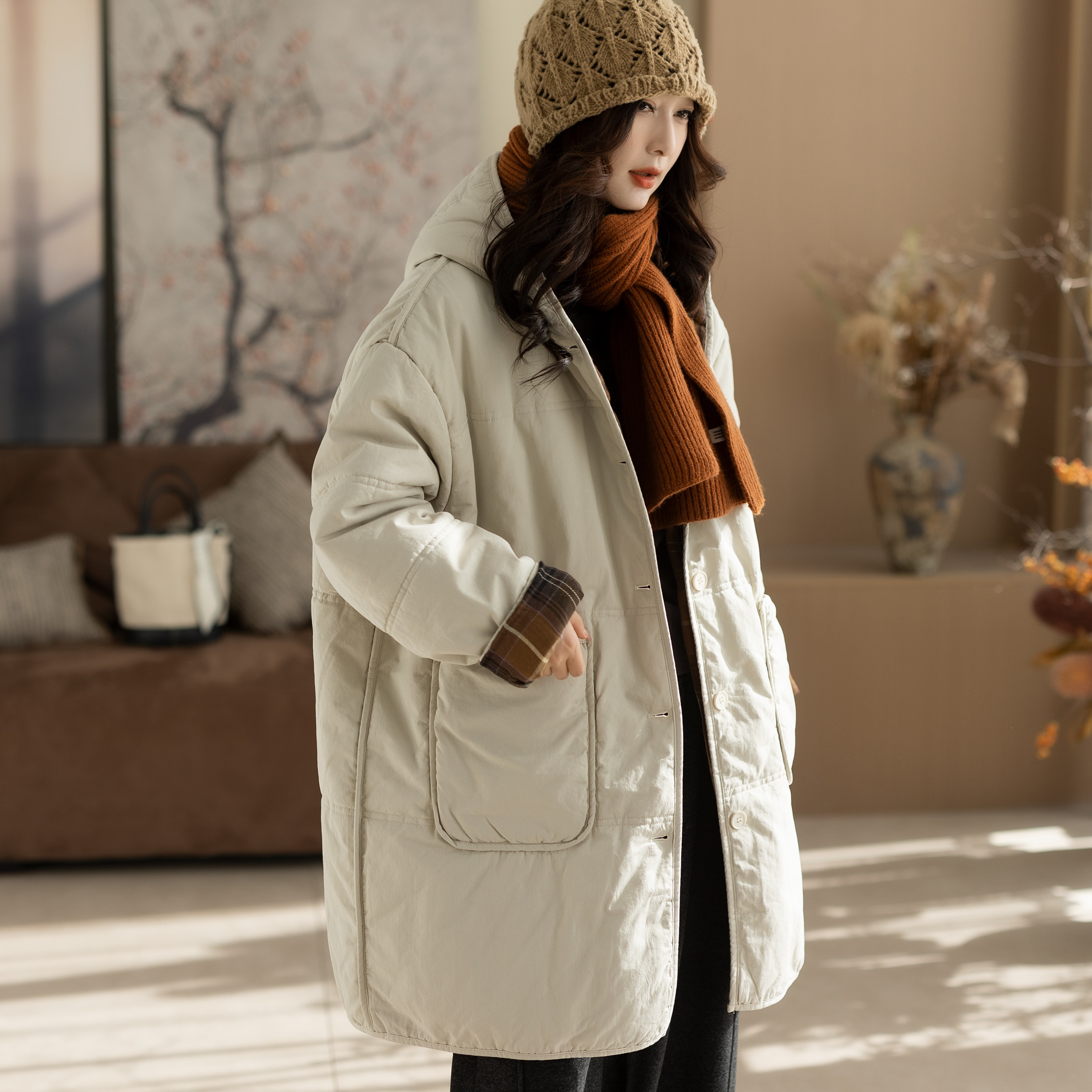 咖咪羽棉服女冬装新款文艺女士休闲中长款帽子复古流行女装棉袄厚