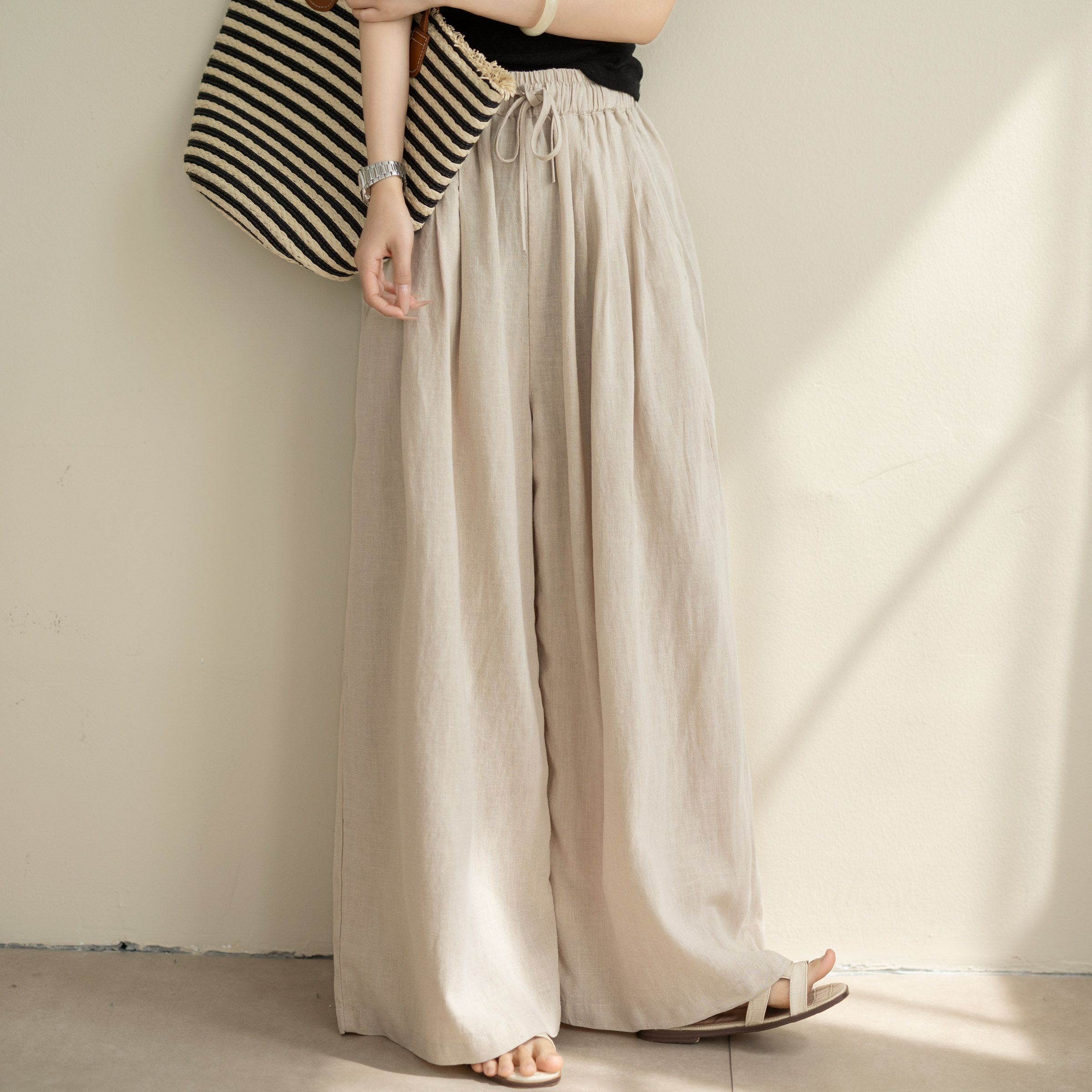咖咪羽休闲裤女苎麻夏季薄款日系慵懒风高腰抽绳褶皱宽松直筒裤