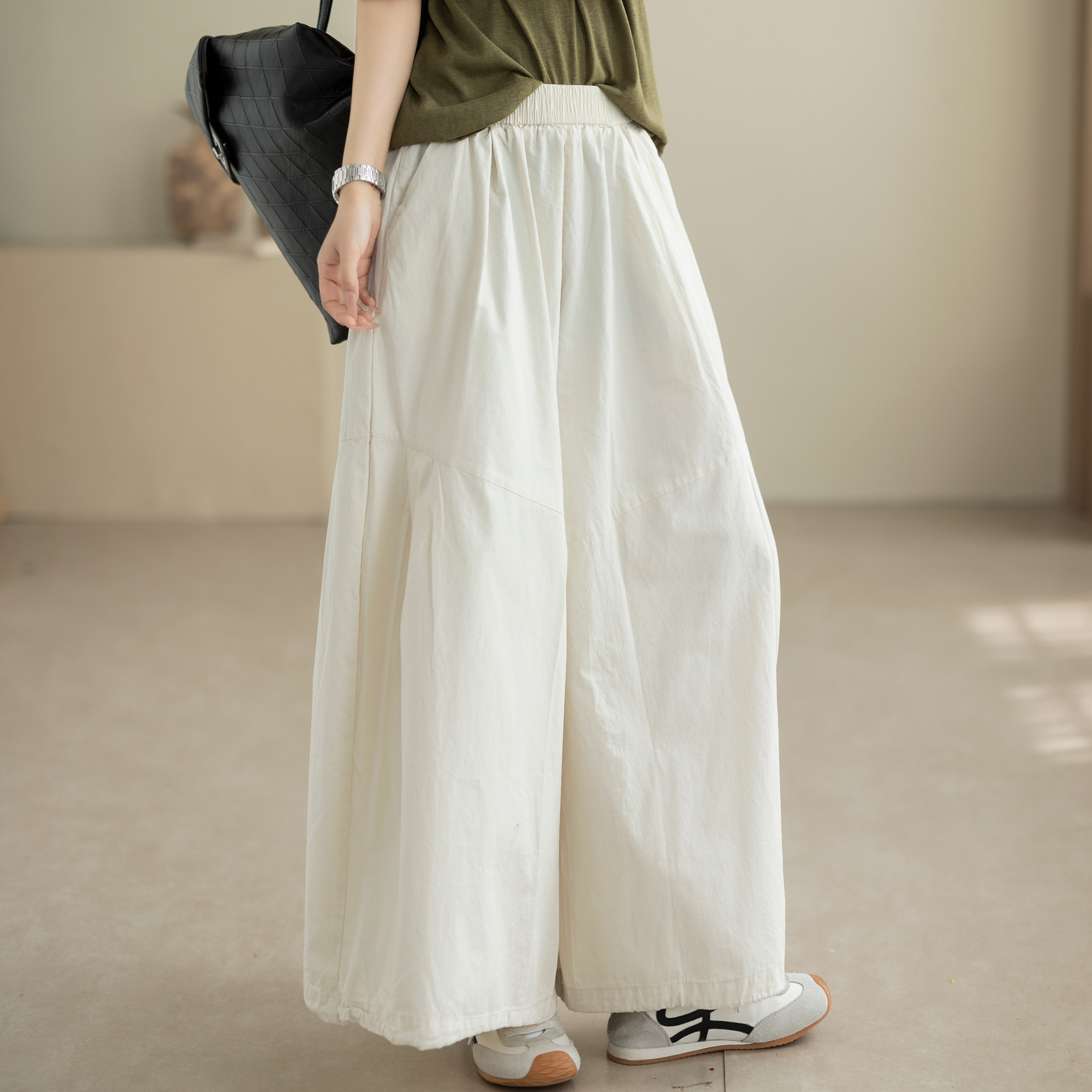 咖咪羽全棉白色松紧腰阔腿裙裤女夏季宽松显瘦慵懒风休闲百搭长裤