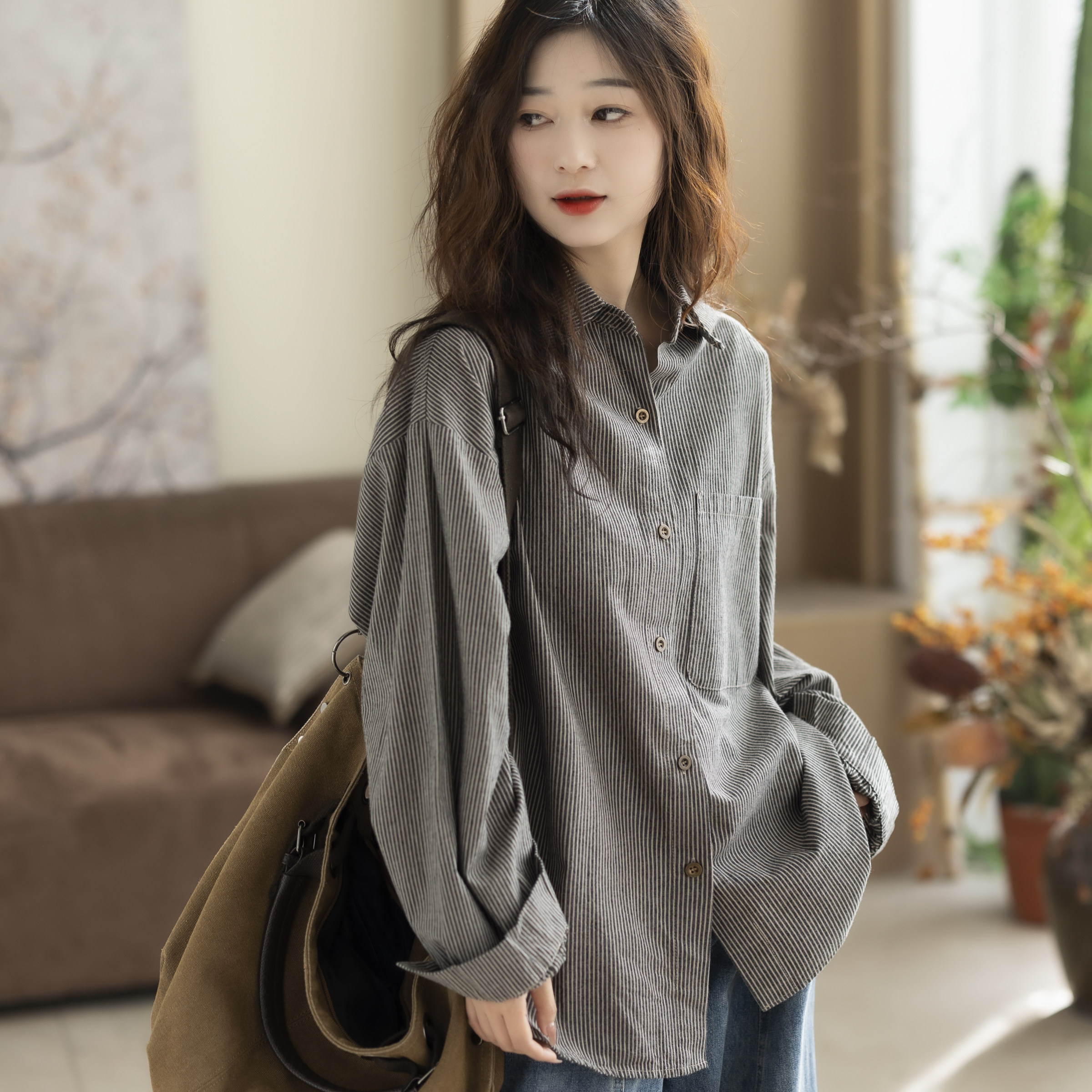 咖咪羽衬衫女春秋新款文艺女士全棉条纹宽松流行女装上衣开衫衬衣