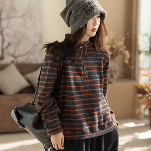 咖咪羽毛衣女秋冬新款文艺休闲兔绒百搭女士条纹洋气女装上衣内搭