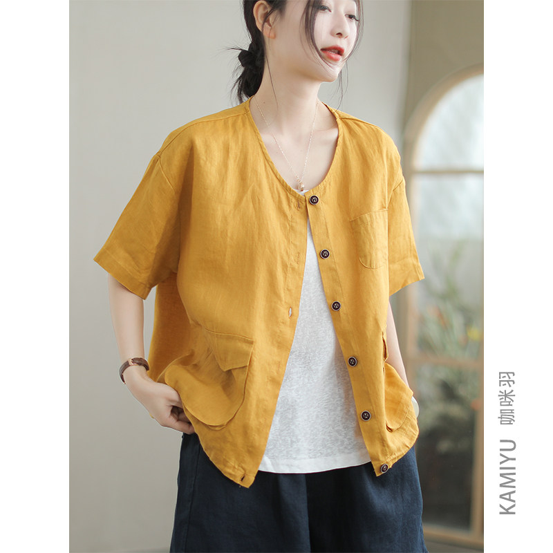 咖咪羽100%亚麻夏装新款纯色文艺显瘦气质时尚复古女装上衣短袖女
