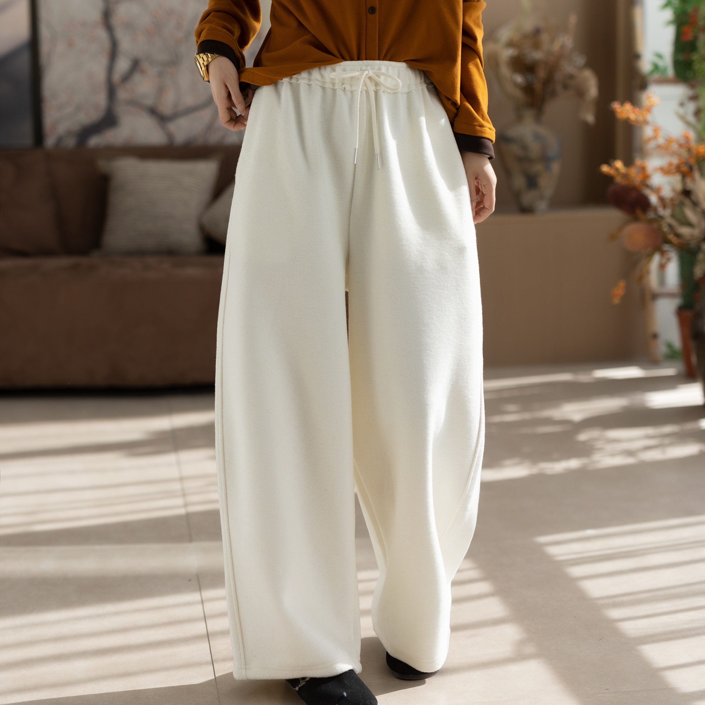 咖咪羽休闲裤女秋冬新款20%羊毛宽松文艺高腰复古通勤女装哈伦裤