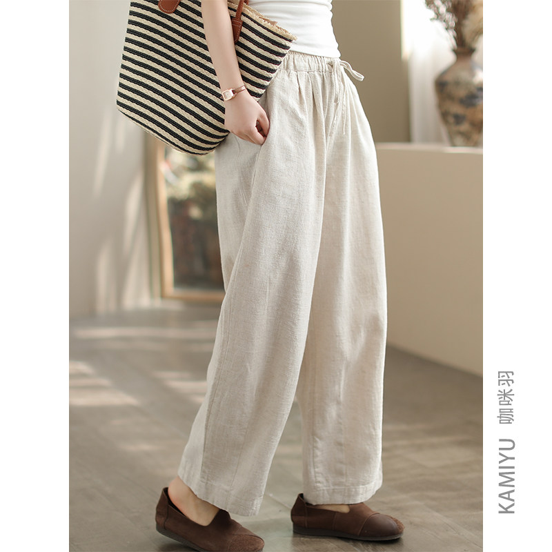 咖咪羽100%亚麻文艺纯色直筒松紧腰显瘦文艺原创百搭女装休闲裤女