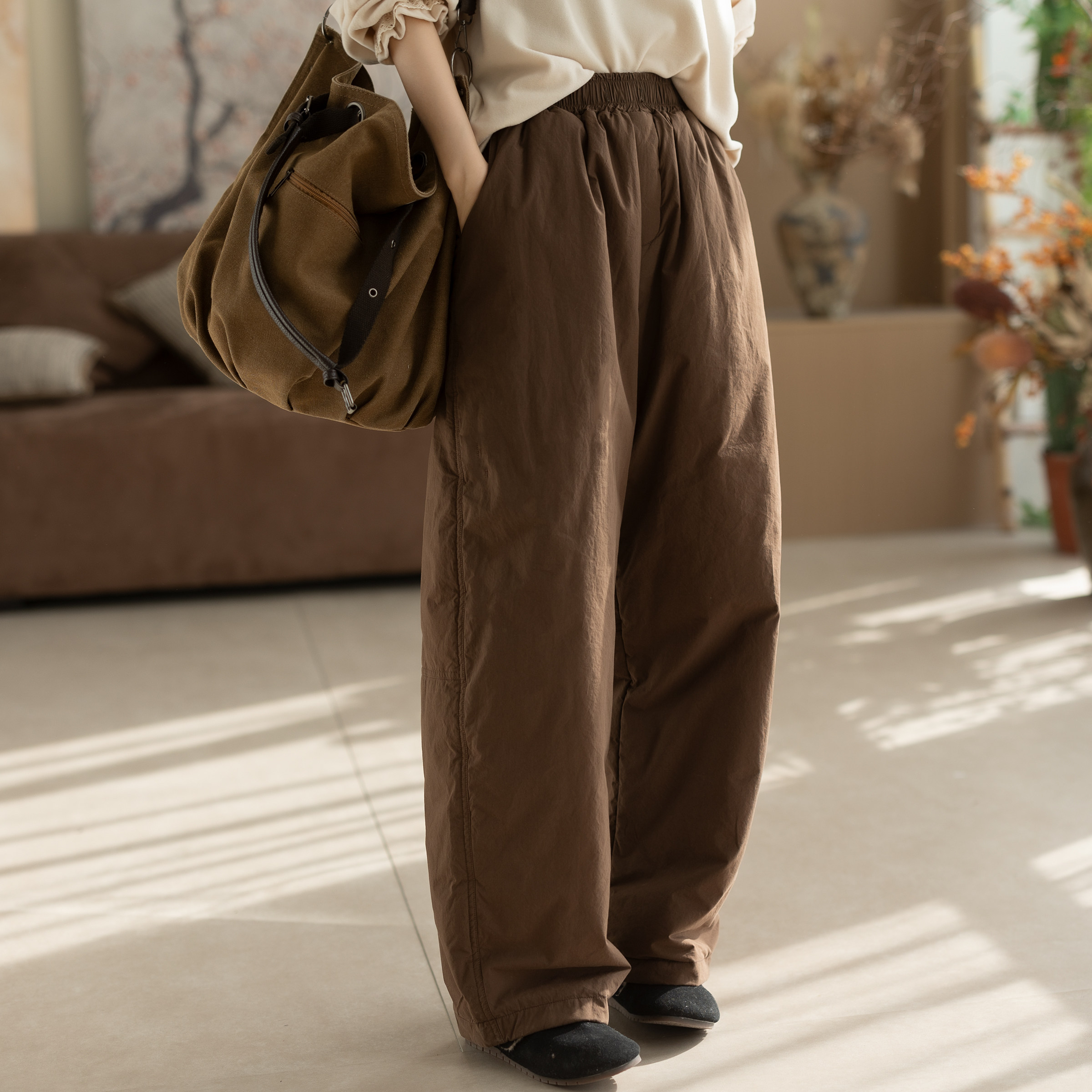 咖咪羽棉裤女冬季新款直筒宽松纯色夹棉气质复古洋气通勤女装裤子