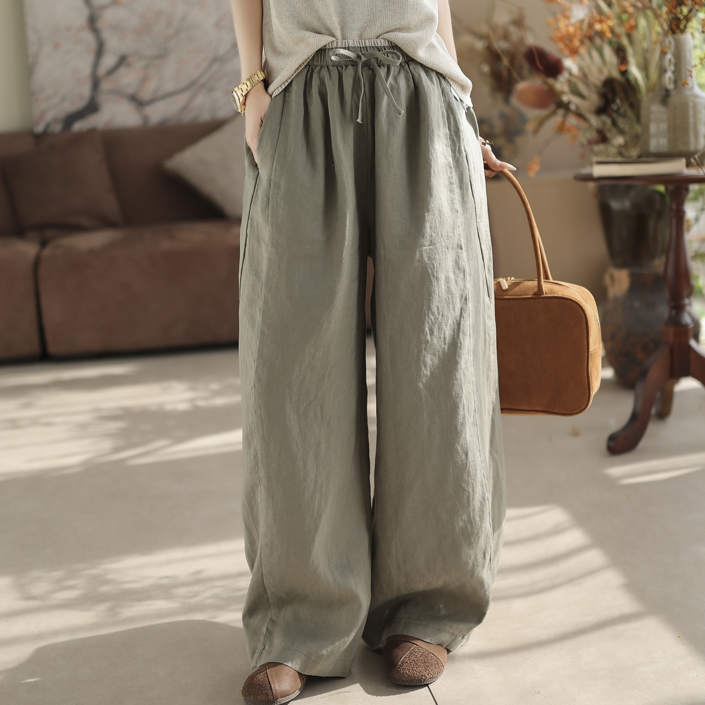咖咪羽100%亚麻休闲直筒裤慵懒风轻奢麻宽松显瘦休闲长裤女