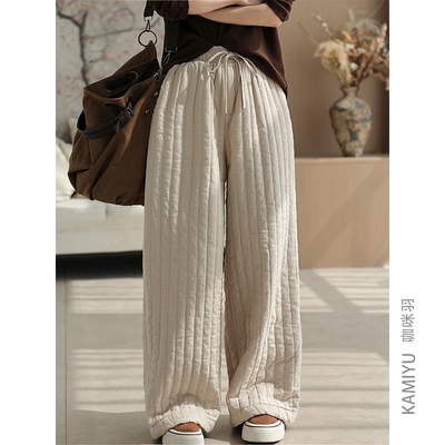 咖咪羽亚麻复古显瘦休闲裤夹棉加厚保暖阔腿裤文艺宽松秋冬长裤女