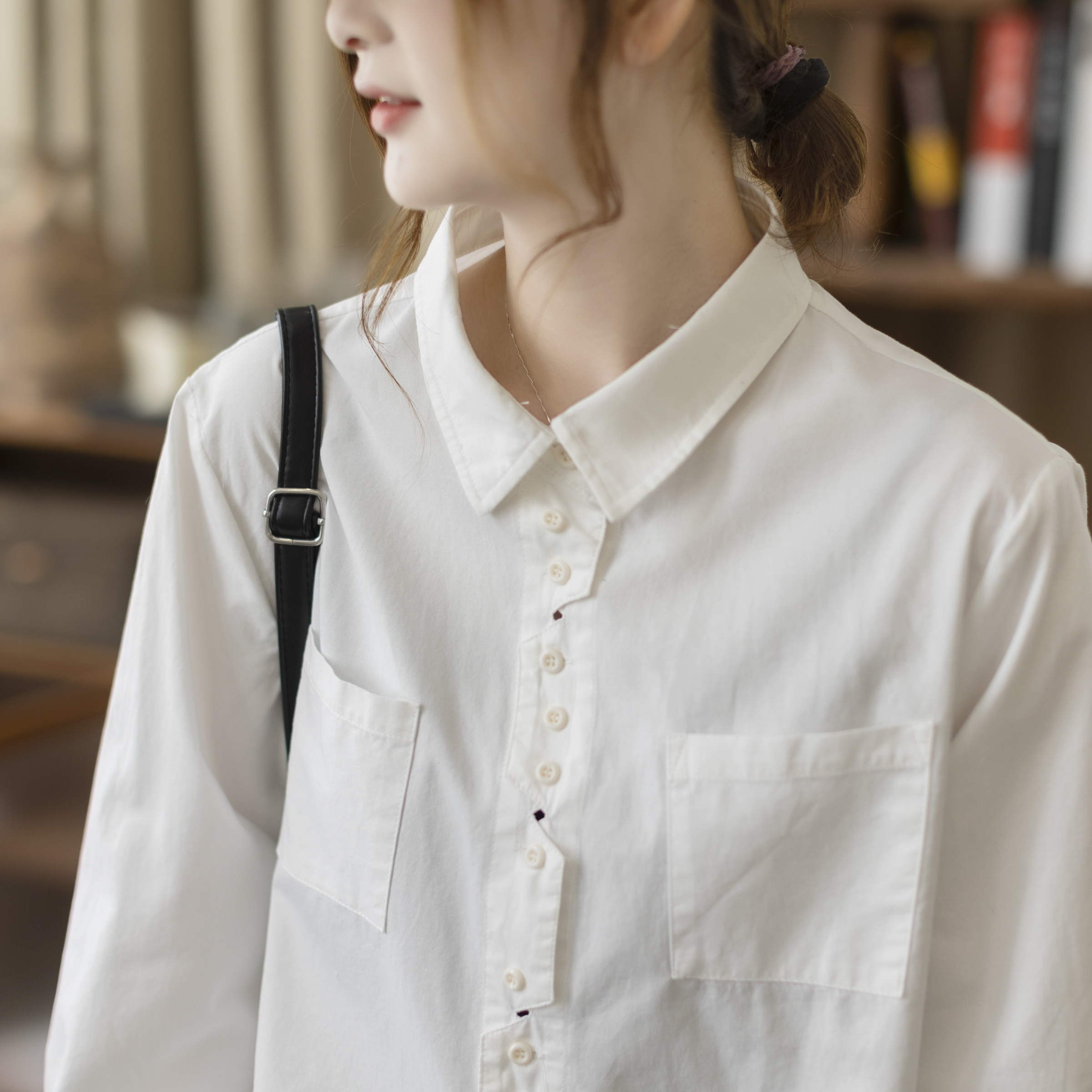 咖咪羽全棉衬衫女翻领纯色女士长袖流行洋气复古休闲女装上衣开衫