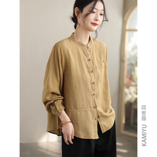 咖咪羽衬衫女春装文艺长袖亚麻休闲纯色原创宽松百搭复古女款开衫