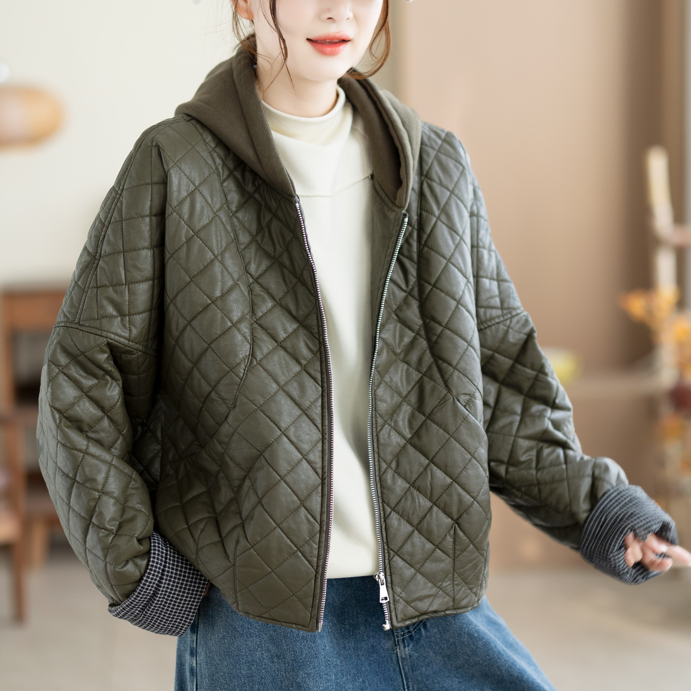 咖咪羽皮棉服女秋冬新款复古女士洋气宽松休闲上衣女装棉服外套女