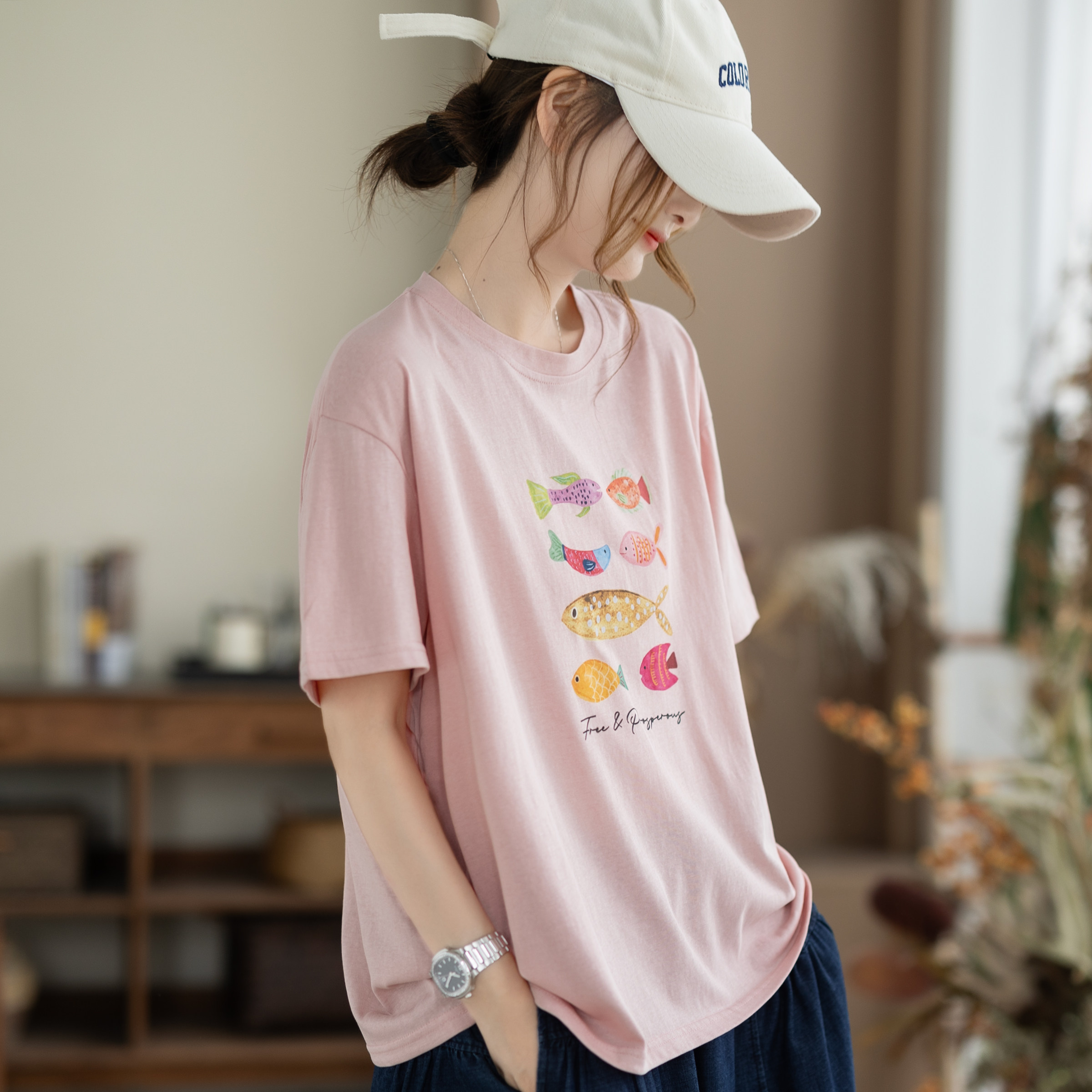 咖咪羽夏季新款休闲印花T恤女宽松大码慵懒风百搭女装上衣短袖女