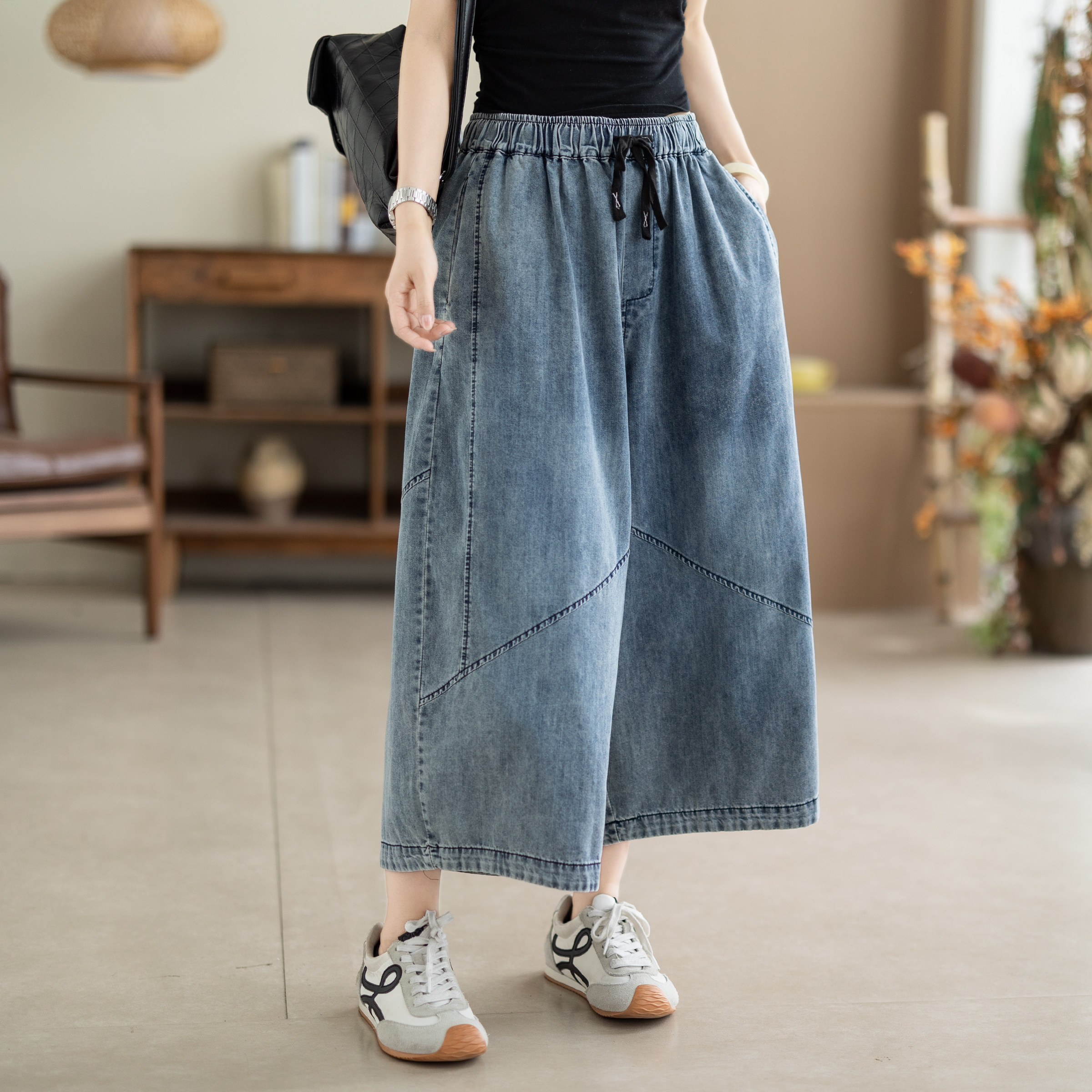 咖咪羽拼接七分牛仔裤女夏季新款复古通勤直通宽松流行女装裤子
