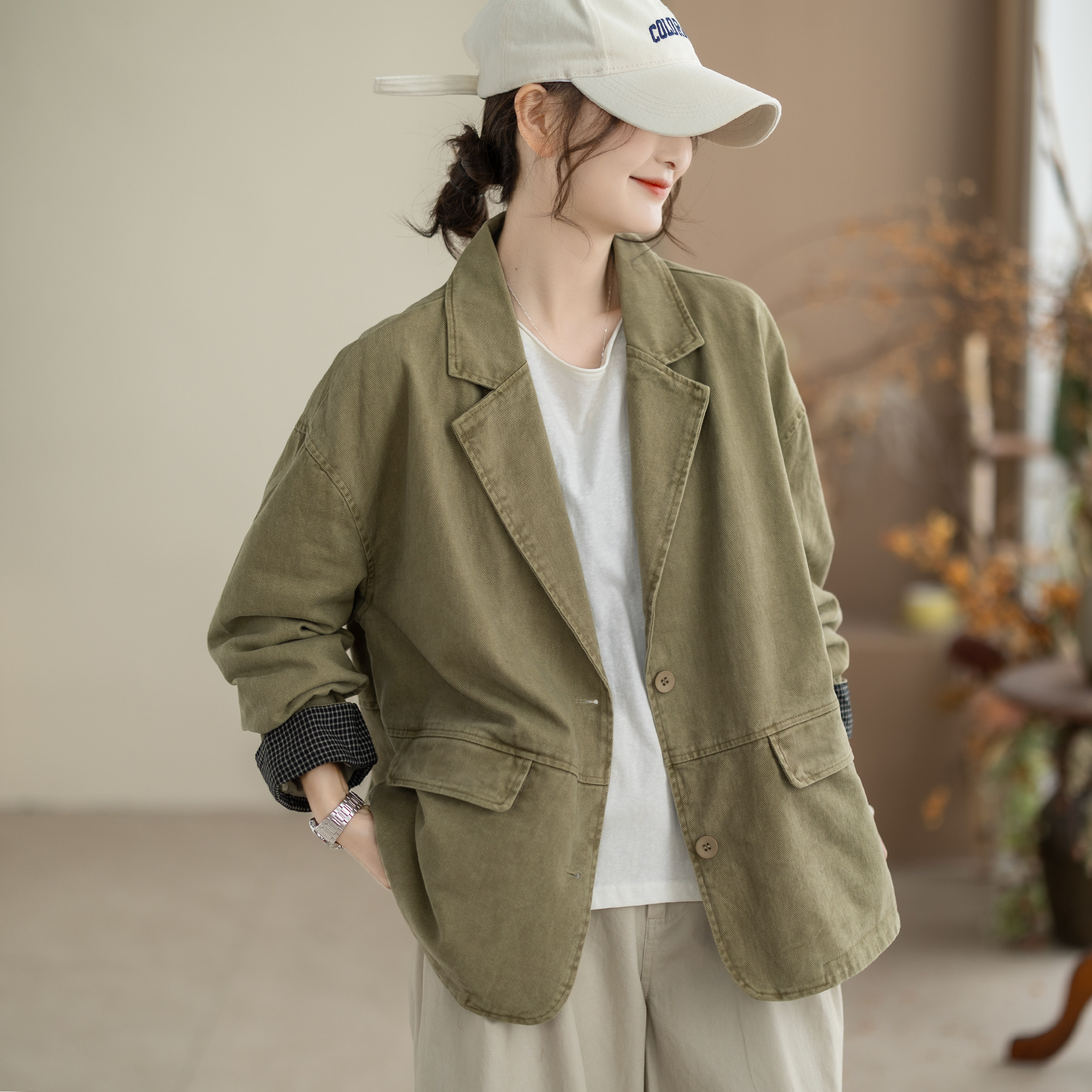 咖咪羽复古做旧棉西装外套女秋季新款宽松慵懒拼接女装上衣西服