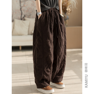 咖咪羽冬装新款加厚女士好看大码休闲松弛感菱形格棉麻女装棉裤女