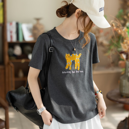 咖咪羽软糯猫咪印花T恤女宽松短袖上衣夏季休闲百搭减龄打底衫女