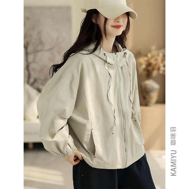 咖咪羽秋款复古高密连帽短风衣外套女秋季时尚抽绳拉链夹克女