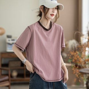 咖咪羽T恤女夏季新款撞色宽松圆领休闲显瘦基础款上衣女装短袖