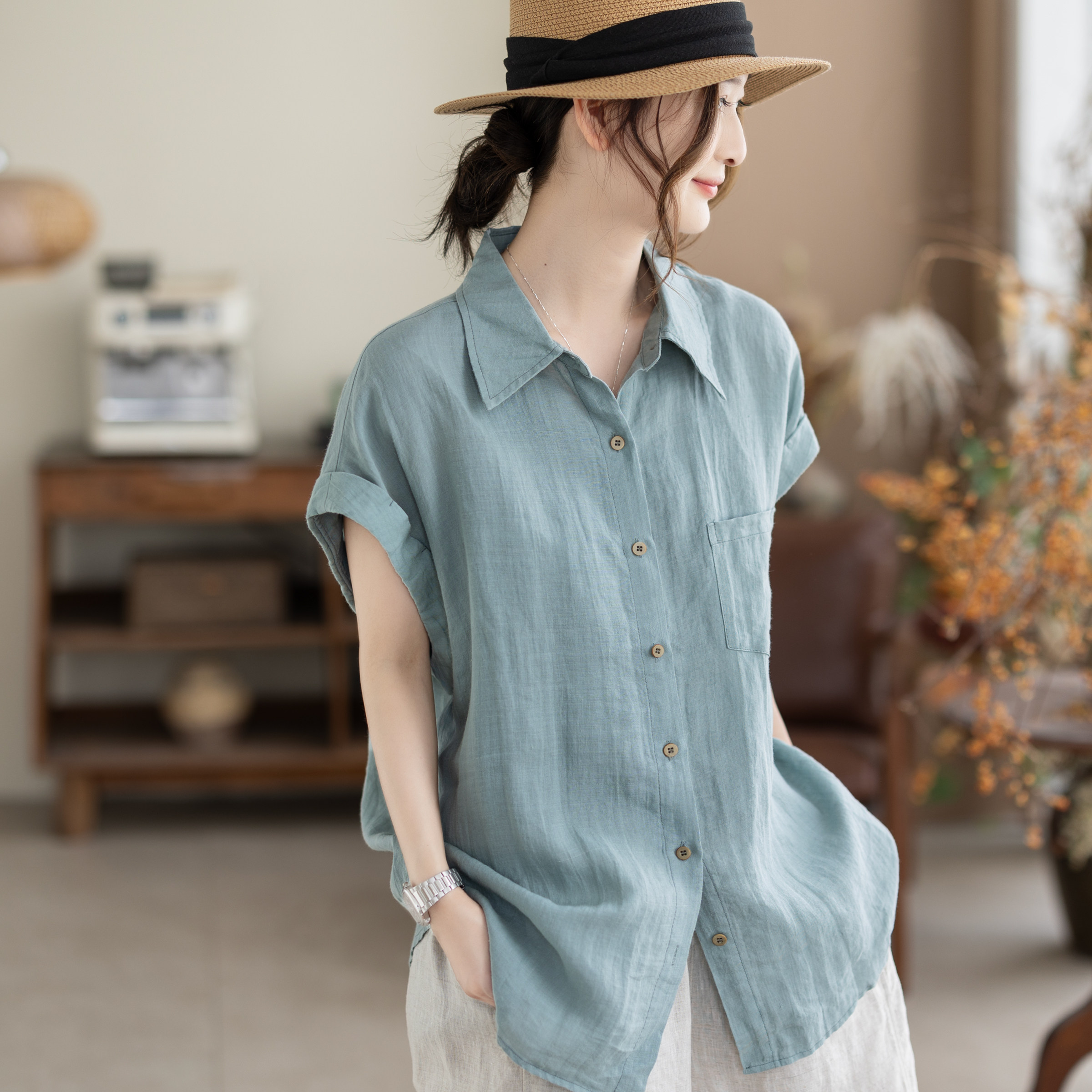 咖咪羽100%亚麻藏青色翻领夏季新款宽松显瘦文艺上衣无袖衬衫女