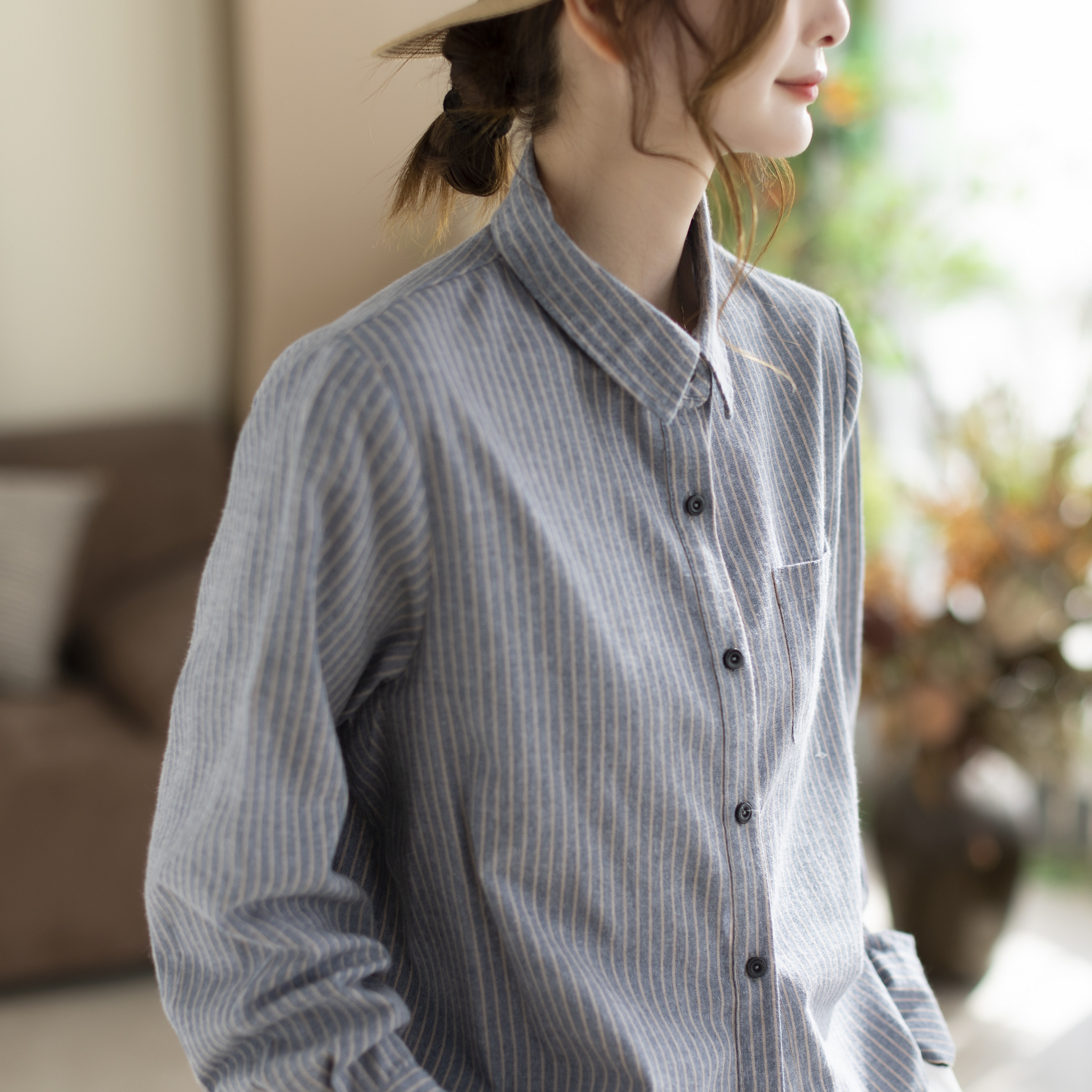 咖咪羽衬衫女春秋新款女士条纹全棉休闲文艺宽松时尚流行女装衬衣