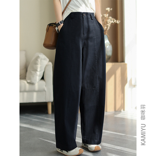 裤 咖咪羽100%棉休闲裤 百搭简约宽松直筒复古女装 时尚 子 女早秋新款
