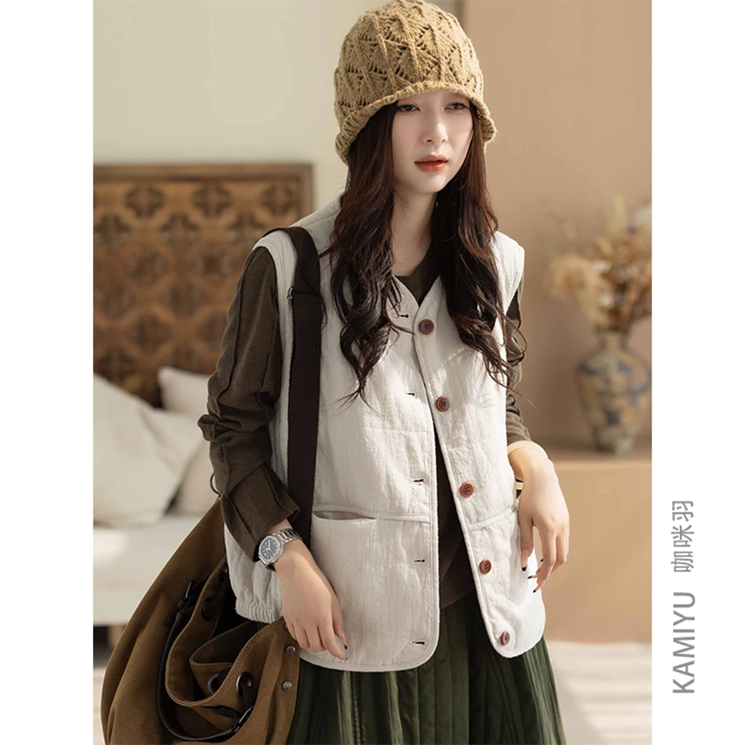 咖咪羽60%亚麻马甲女秋冬时尚文艺女士宽松棉麻夹棉上衣马夹外套