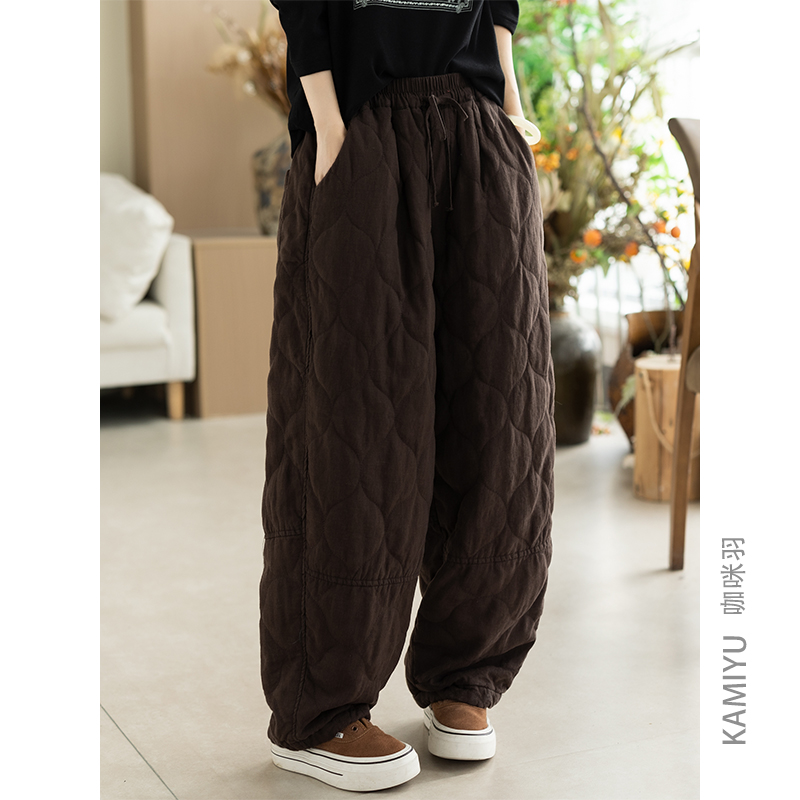 咖咪羽松弛感炒色100%麻秋冬保暖萝卜裤内里色织格纹加厚棉裤