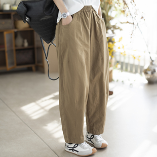 女宽松显瘦松紧腰抽绳百搭阔腿灯笼长裤 卡其色休闲裤 新款 2026春季