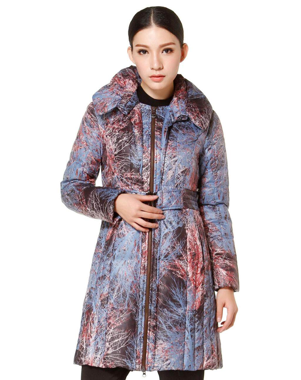 清仓特价 依瑶女装正品e177灰蓝色大翻领印花中长羽绒服原2880