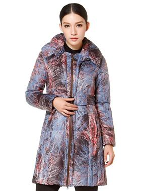 清仓特价 依瑶女装正品E177灰蓝色大翻领印花中长羽绒服原2880