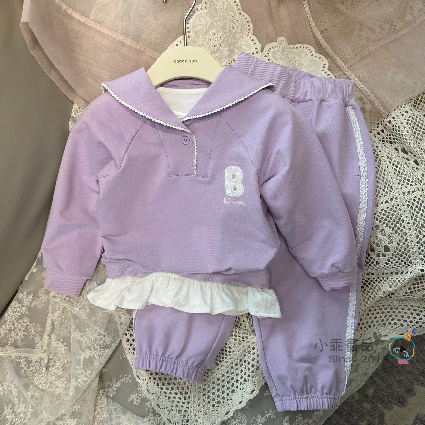 女童春秋款翻领宽松卫衣卫裤套装