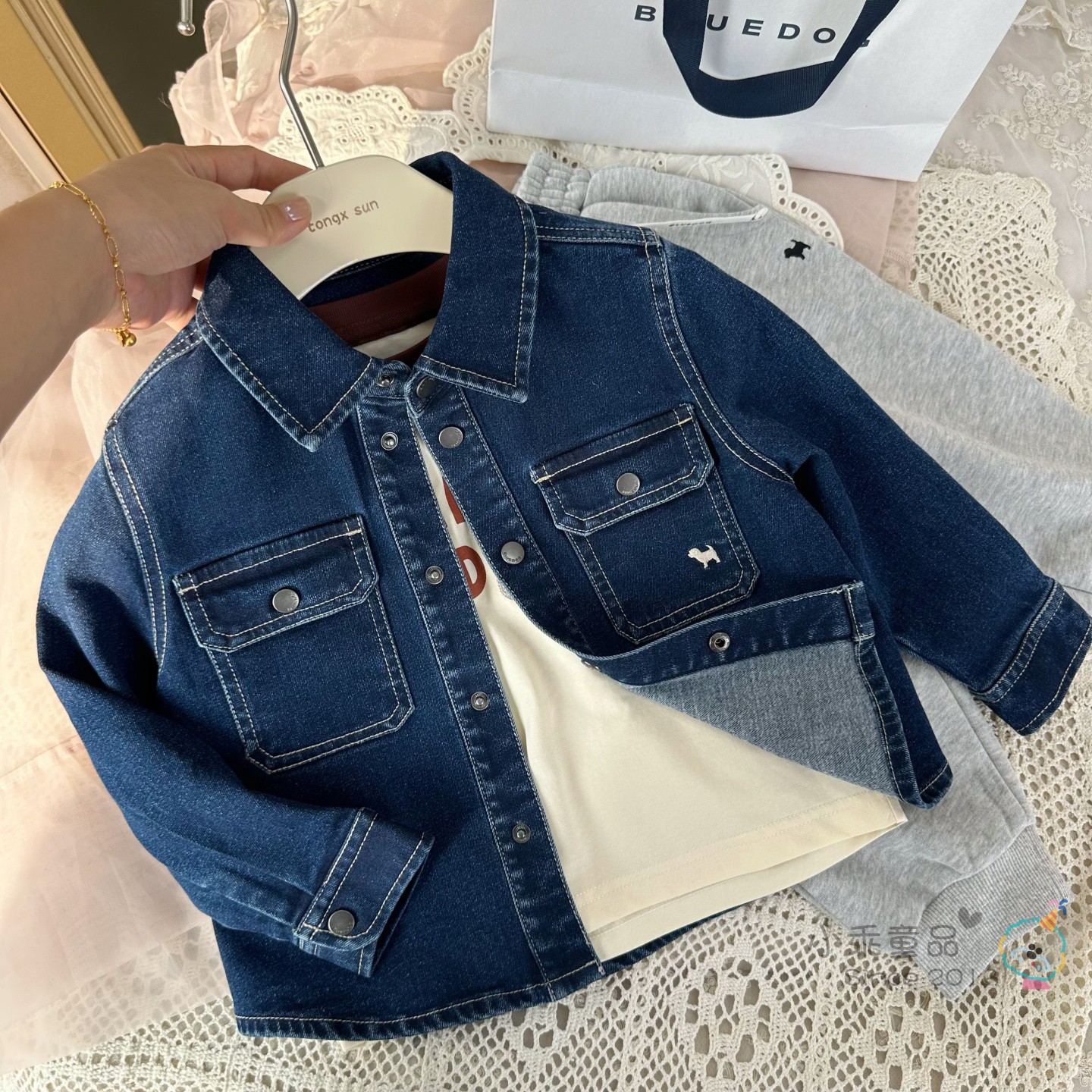 复古起绒!韩国秋冬男女童上衣百搭舒适保暖口袋翻领刺绣牛仔外套