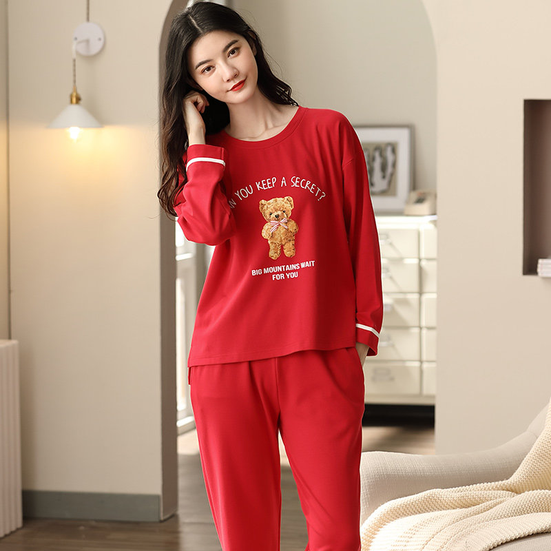 睡衣女士春秋新款纯棉长袖大码套头红色喜庆全棉家居服本命年套装