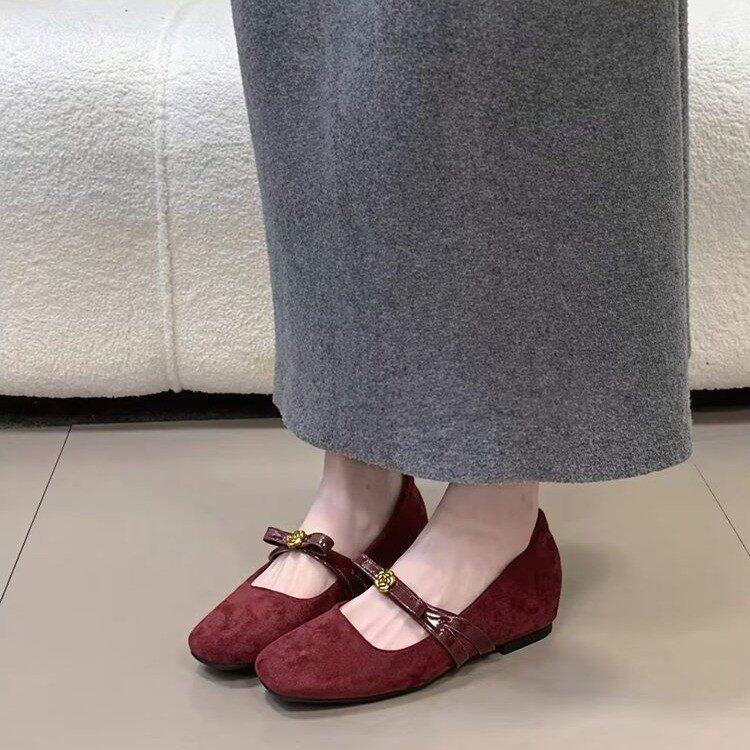 内增高绒面山茶花一脚蹬玛丽珍鞋2026年新款复古风红色单鞋女百搭