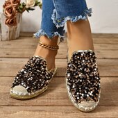 小香风花呢亮片渔夫鞋 一脚蹬懒人鞋 女2025夏夏新款 包头草编半拖鞋