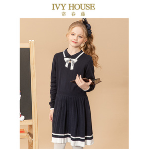 IVY HOUSE常春藤儿童装女童秋季新款 撞色条纹时尚针织连衣裙长袖