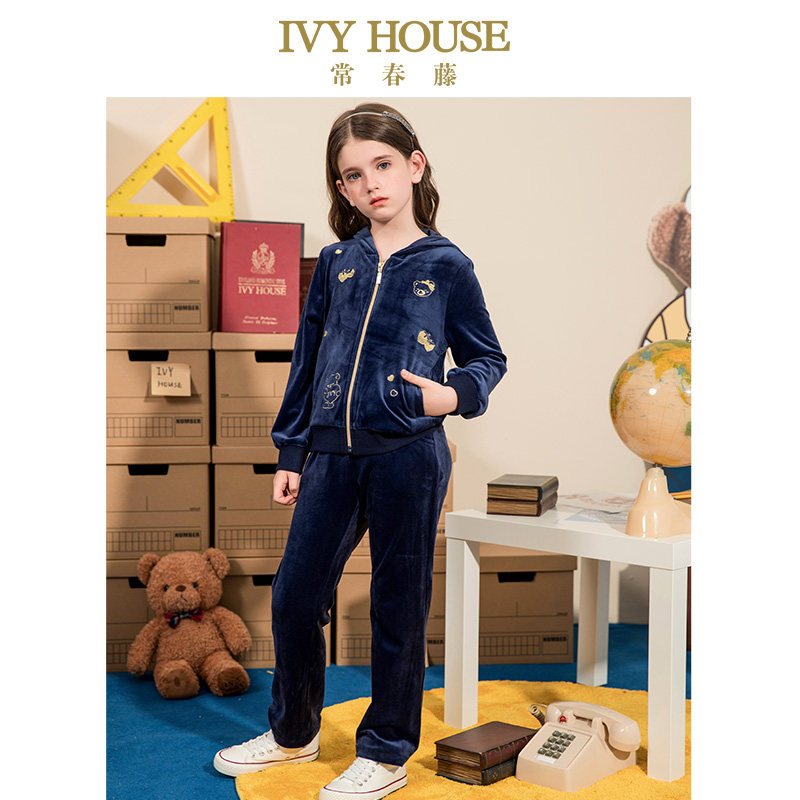 IVY HOUSE常春藤童装女大童春秋新款针织英伦学院风运动丝绒套装