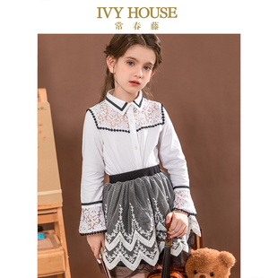 HOUSE常春藤童装 新款 IVY 女童秋季 衬衫 蕾丝甜美豆豆花边上衣长袖
