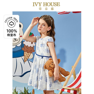 IVY HOUSE常春藤儿童装女大童连衣裙夏新款短袖 印花优雅洋气裙子