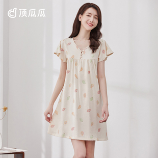 顶瓜瓜彩棉新款夏季短袖甜美睡裙顶呱呱女宽松纯棉小清新印花睡裙