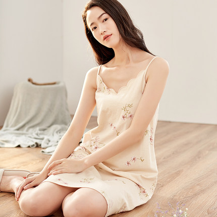 顶瓜瓜夏季新品女士吊带薄款睡衣顶呱呱彩棉甜美舒适家居服睡裙