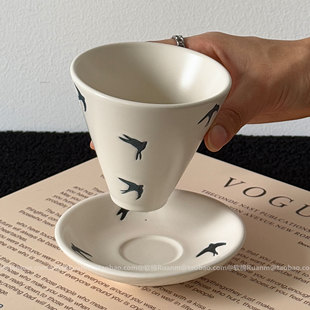 日式复古燕子归咖啡杯碟套装手握杯手冲陶瓷杯拿铁拉花杯小众礼物