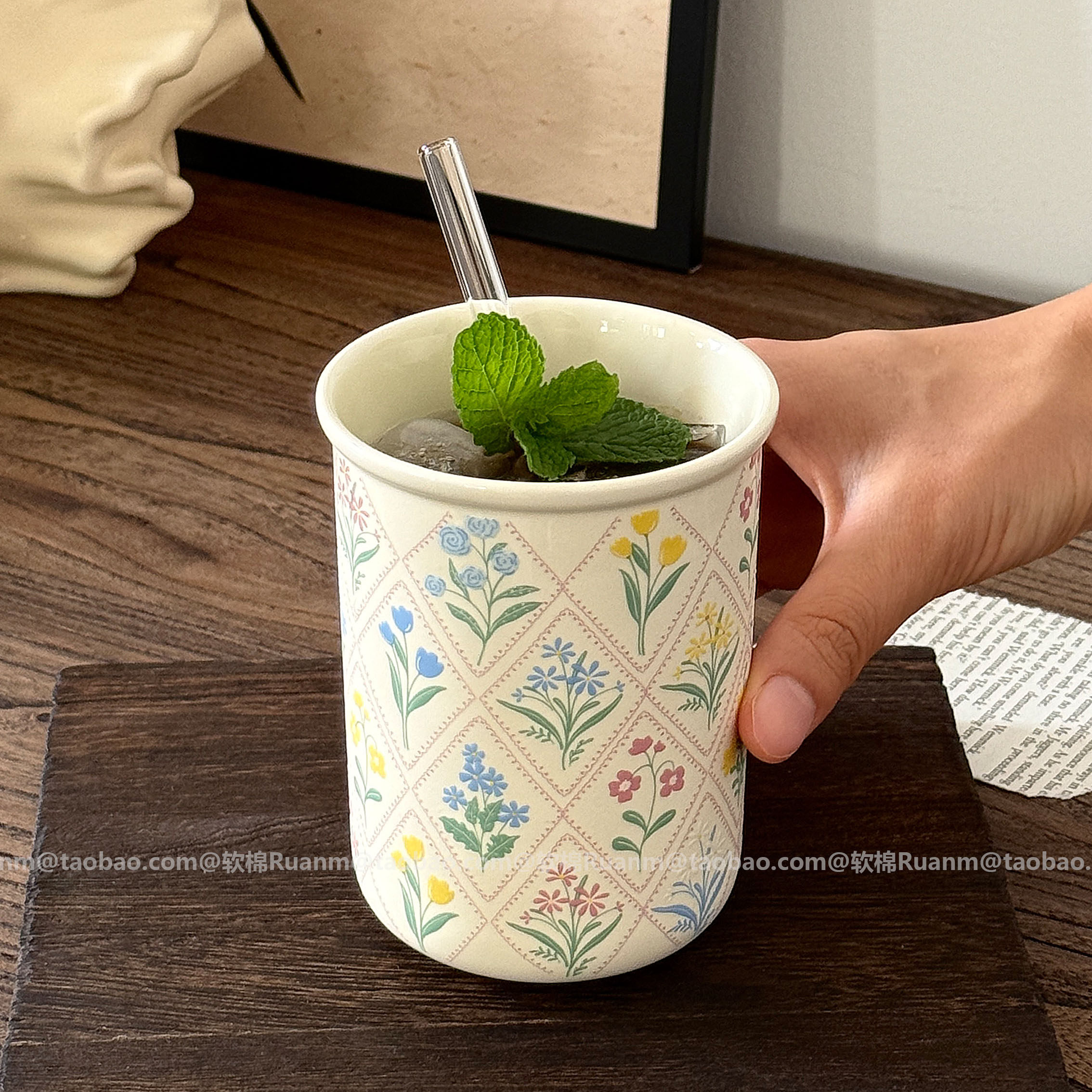 软棉Ruanm复古菱纹浮雕陶瓷马克