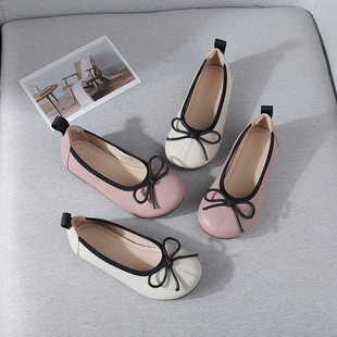 女童皮鞋奶奶鞋2025春新款蝴蝶结韩版软底一脚蹬船鞋儿童浅口单鞋