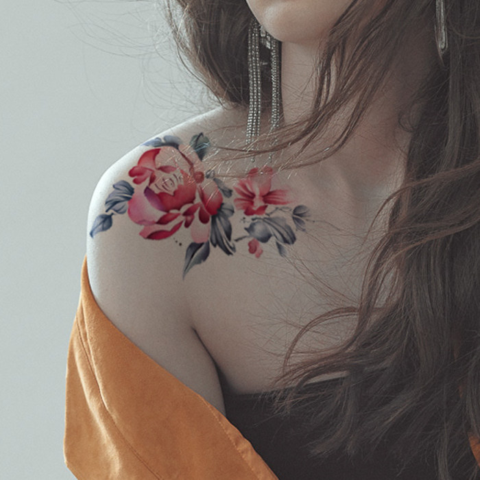 墨印记花朵纹身贴性感剖腹产遮疤痕玫瑰花仿真锁骨防水女大腿原创